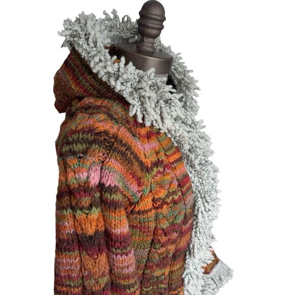 AMANO 100% Wool Cardigan Womens Medium Boho Chunky Hood Fringe Zip Orange - Picture 7 of 10